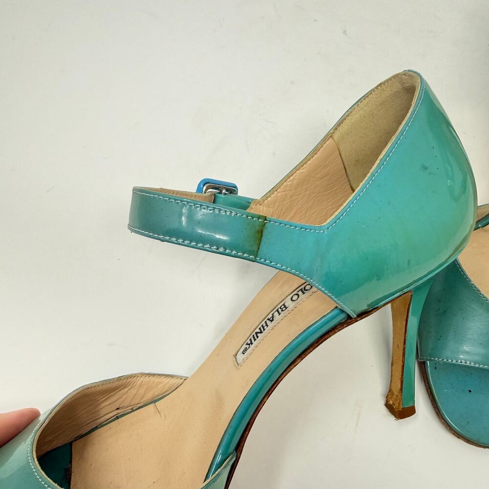 Manolo Blahnik Turquoise Blue Patent Leather Peep Toe Mary Jane Heeled Sandal 38 - Picture 8 of 10